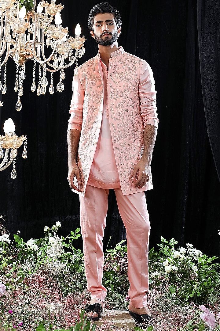 Blush Pink Bundi Jacket With Kurta Set by Mahima Mahajan Men