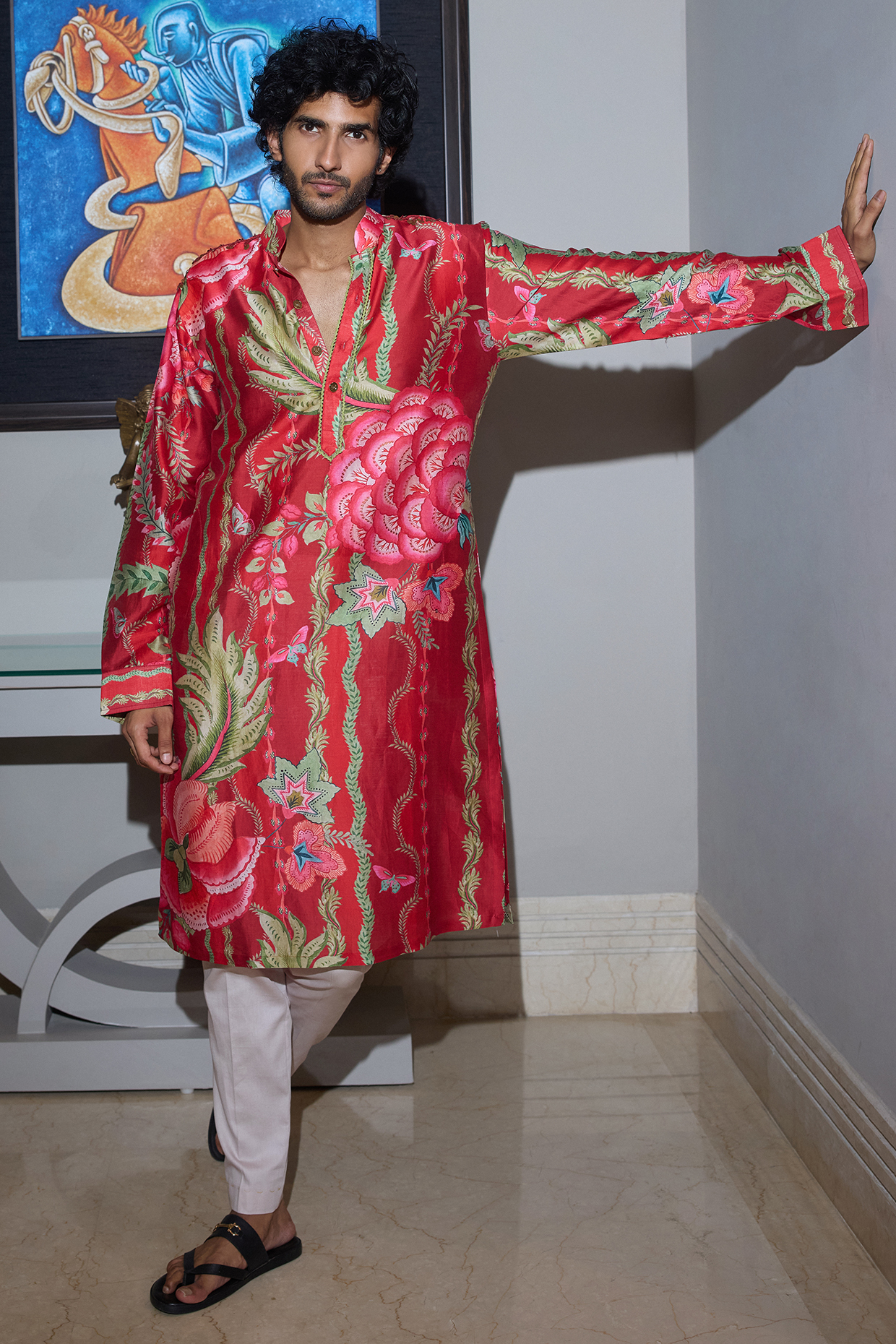 Red Glazed Cotton Embellished Kurta Set by Mahima Mahajan Men