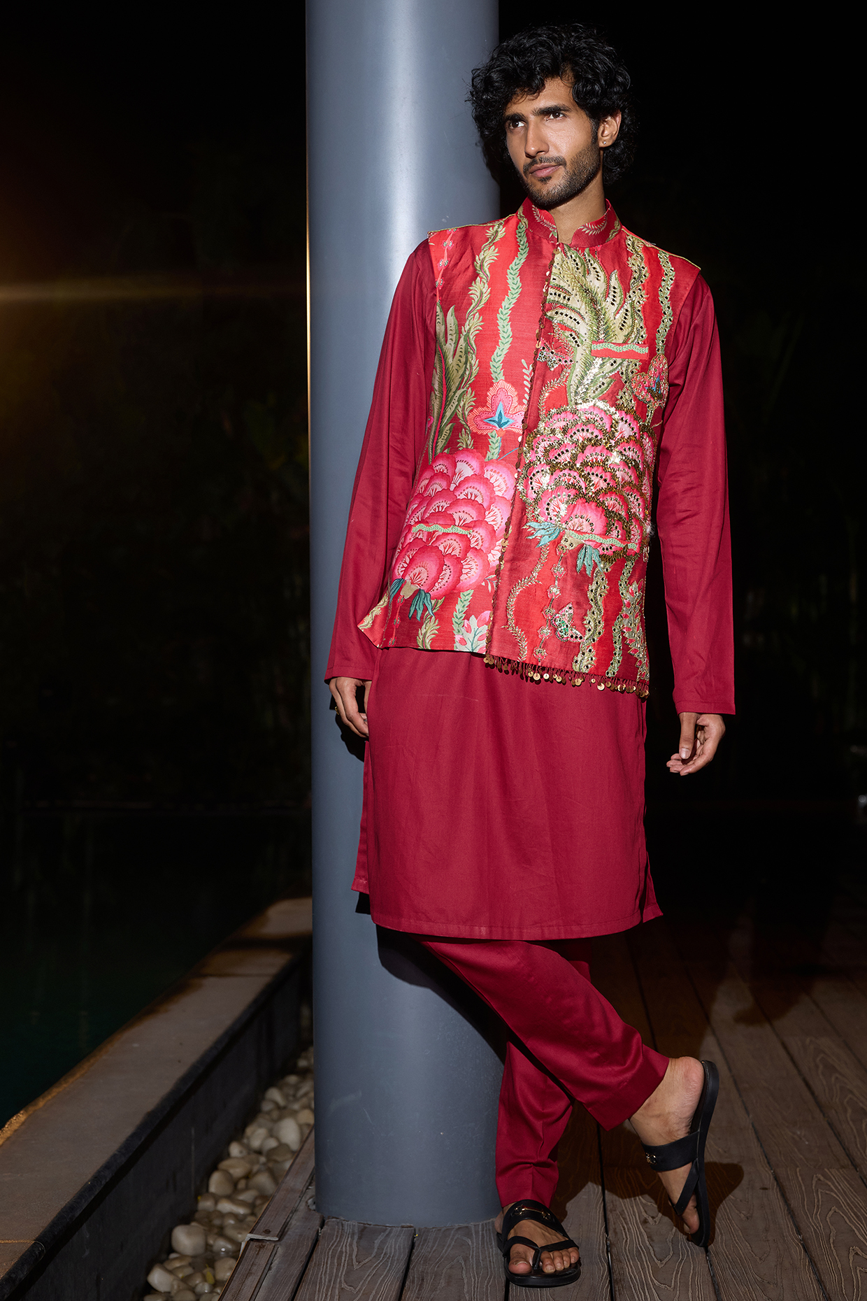 Red Glazed Cotton & Chanderi Hand Embroidered Bundi Jacket by Mahima Mahajan Men