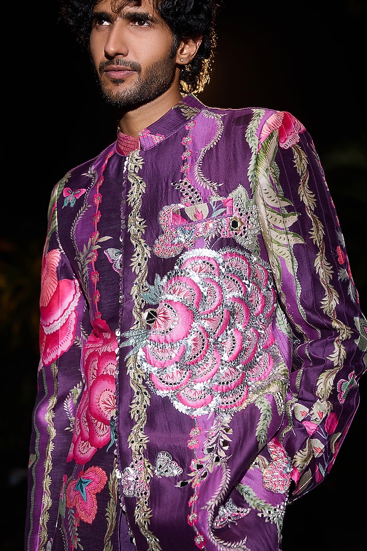 Grapevine Glazed Cotton & Chanderi Hand Embroidered Wedding Bandhgala Set by Mahima Mahajan Men at Pernia's Pop Up Shop