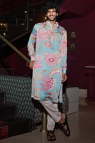 Aquamarine Satin & Glazed Cotton Embellished Placket Kurta Set by Mahima Mahajan Men
