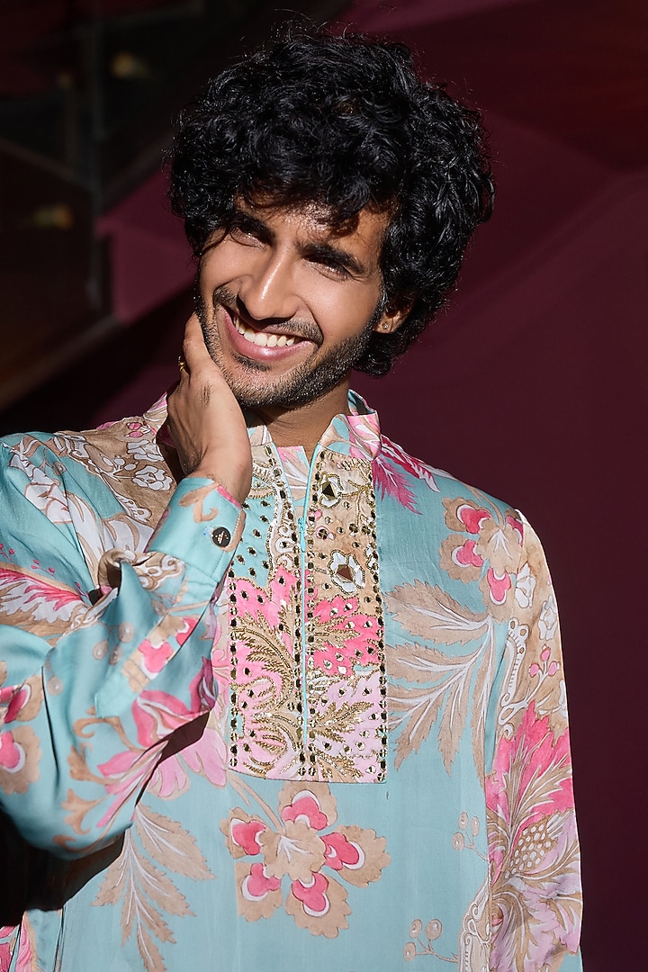 Aquamarine Satin & Glazed Cotton Embellished Placket Kurta Set by Mahima Mahajan Men at Pernia's Pop Up Shop