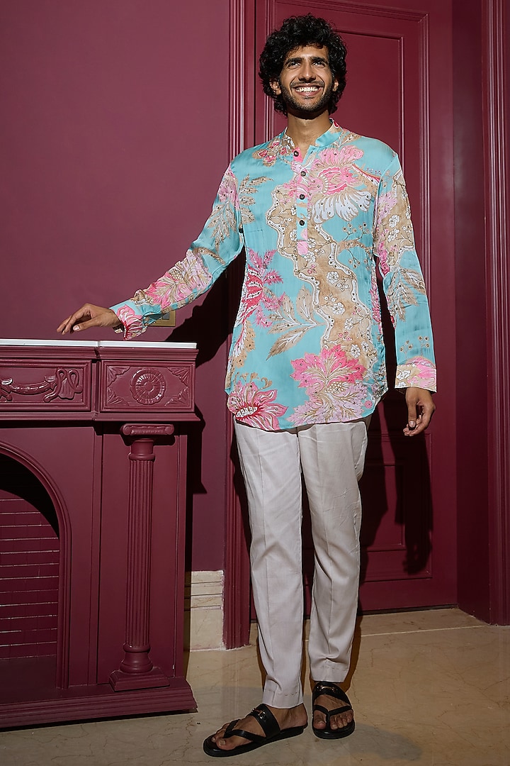 Aquamarine Satin & Glazed Cotton Hand Embroidered Short Kurta Set by Mahima Mahajan Men