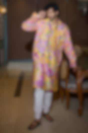 Kesar Yellow Glazed Cotton & Chanderi Printed Bomber Jacket by Mahima Mahajan Men