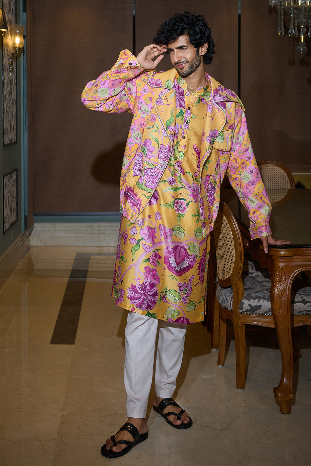 Kesar Yellow Glazed Cotton & Chanderi Printed Bomber Jacket Set by Mahima Mahajan Men