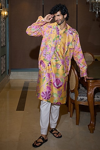 Kesar Yellow Glazed Cotton & Chanderi Printed Bomber Jacket Set by Mahima Mahajan Men