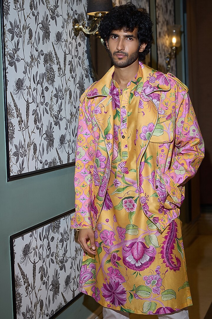 Kesar Yellow Glazed Cotton & Chanderi Printed Bomber Jacket Set by Mahima Mahajan Men at Pernia's Pop Up Shop