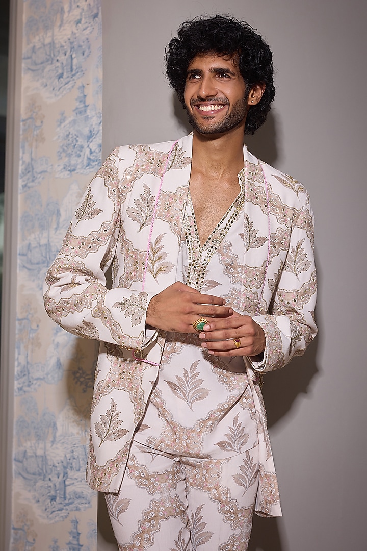 Rose Pink Glazed Cotton & Satin Hand Embroidered Blazer Set by Mahima Mahajan Men at Pernia's Pop Up Shop
