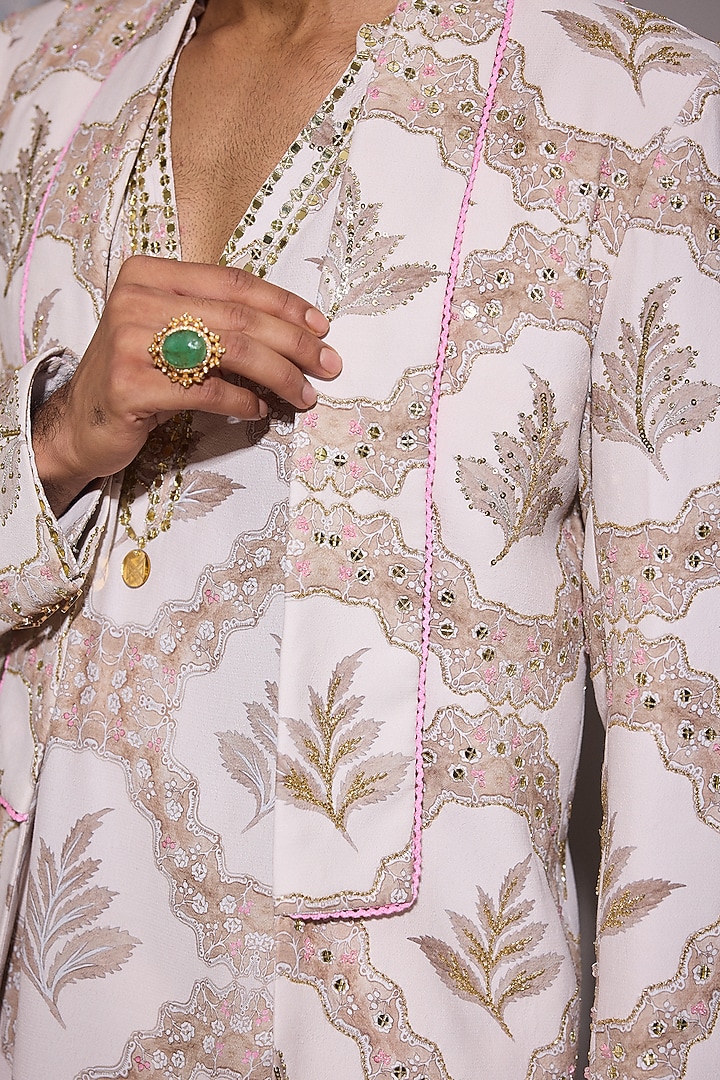 Rose Pink Glazed Cotton & Satin Hand Embroidered Blazer Set by Mahima Mahajan Men at Pernia's Pop Up Shop