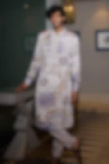 Ocean Blue Glazed Cotton Embellished Kurta Set by Mahima Mahajan Men