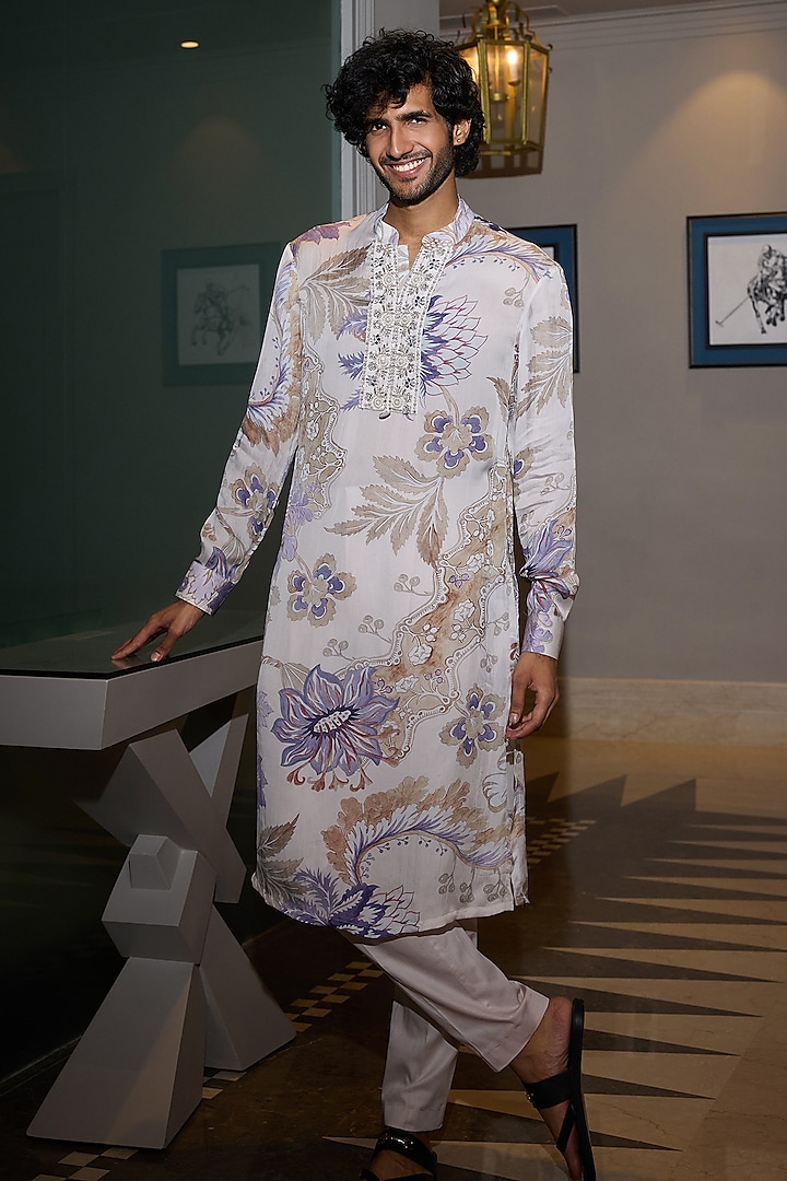 Ocean Blue Glazed Cotton Embellished Kurta Set by Mahima Mahajan Men