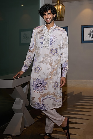 Ocean Blue Glazed Cotton Embellished Kurta Set by Mahima Mahajan Men