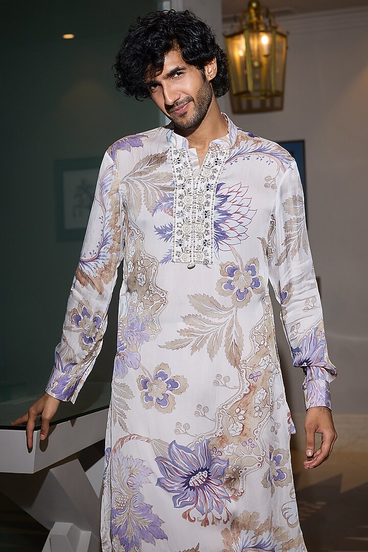 Ocean Blue Glazed Cotton Embellished Kurta Set by Mahima Mahajan Men at Pernia's Pop Up Shop