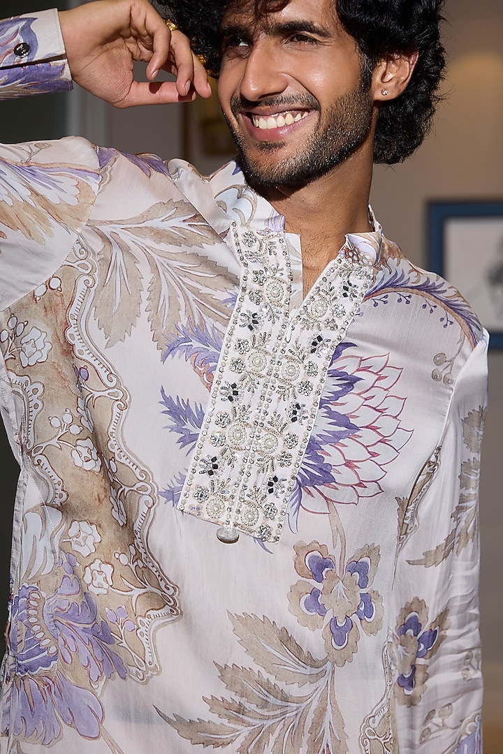 Ocean Blue Glazed Cotton Embellished Kurta Set by Mahima Mahajan Men at Pernia's Pop Up Shop