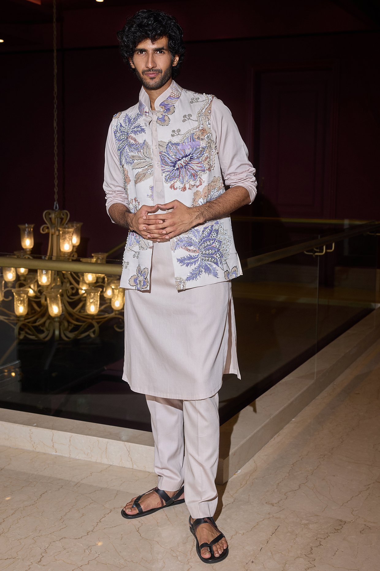 Ocean Blue Glazed Cotton & Chanderi Hand Embroidered Bundi Set by Mahima Mahajan Men