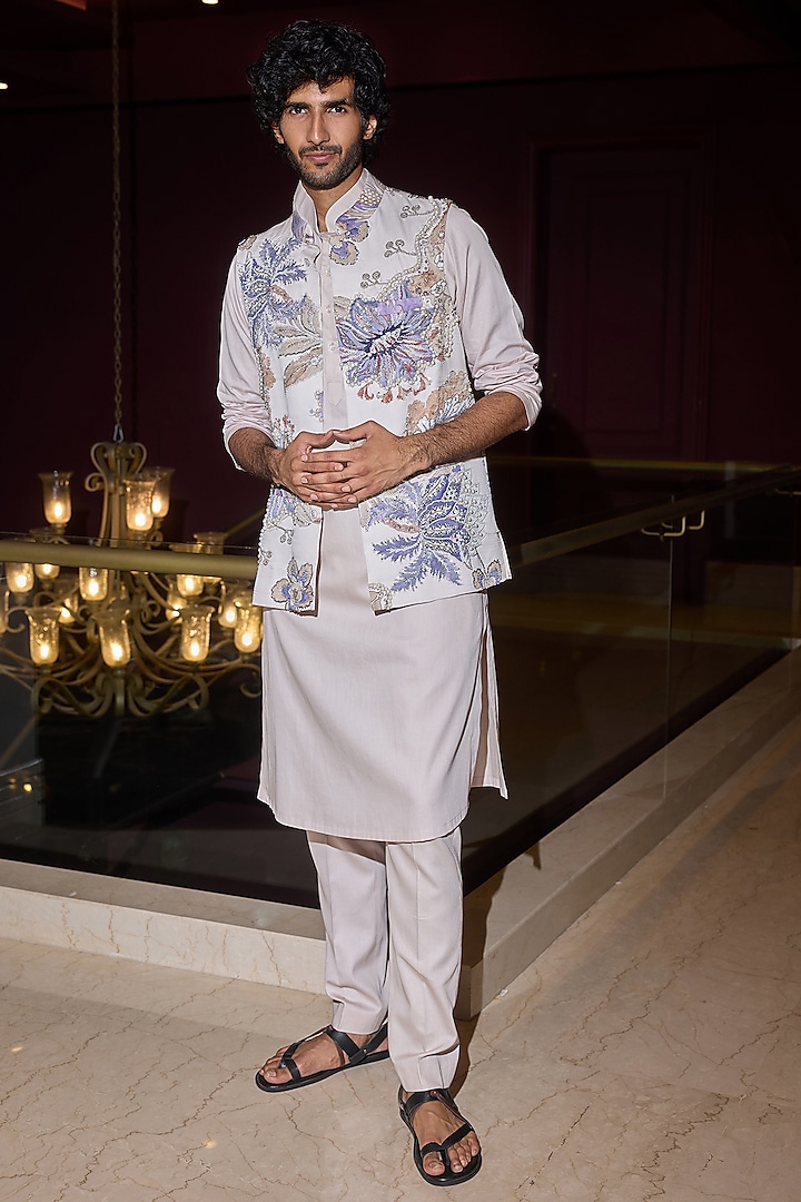Ocean Blue Glazed Cotton & Chanderi Hand Embroidered Bundi Set by Mahima Mahajan Men