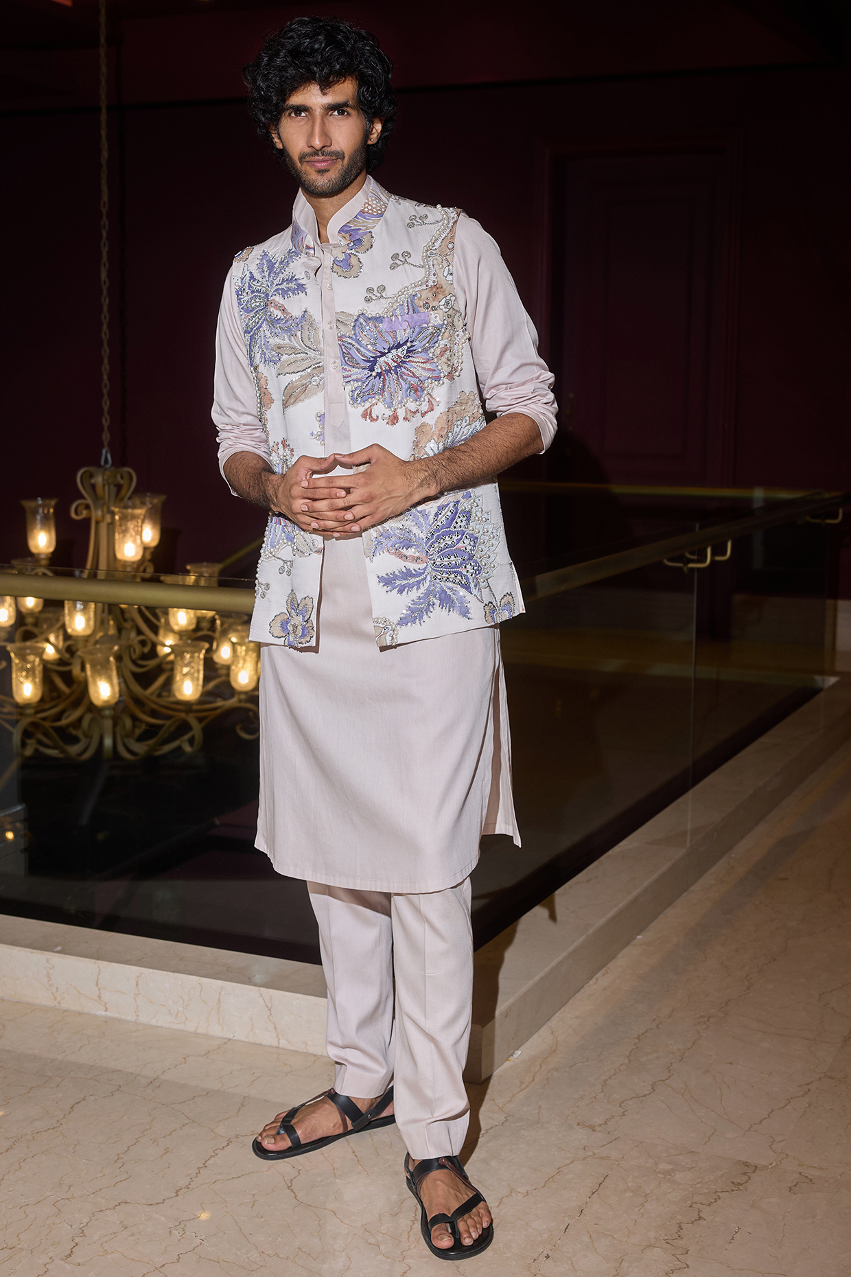 Ocean Blue Glazed Cotton & Chanderi Hand Embroidered Bundi Jacket by Mahima Mahajan Men