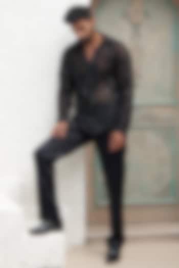Black Net Embroidered Wedding Shirt by Mahima Mahajan Men at Pernia's Pop Up Shop