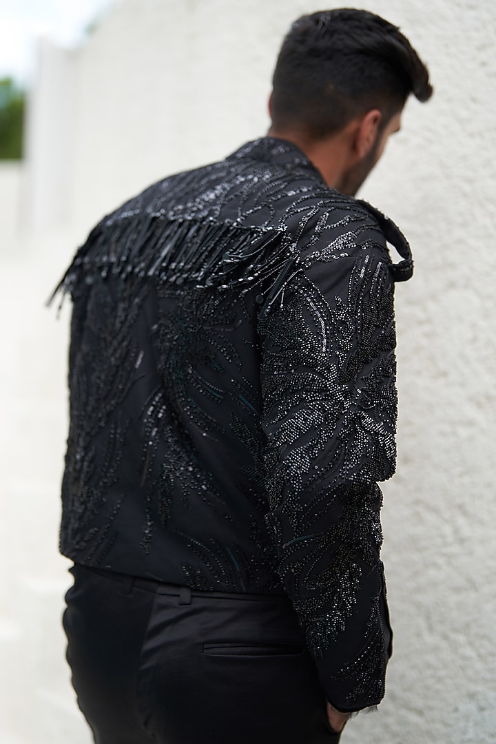 Black Net & Crepe Embroidered Biker Jacket by Mahima Mahajan Men at Pernia's Pop Up Shop