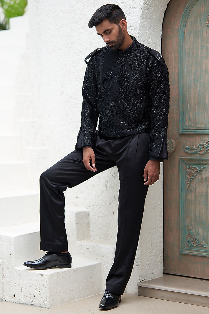 Black Net & Crepe Embroidered Biker Jacket by Mahima Mahajan Men at Pernia's Pop Up Shop