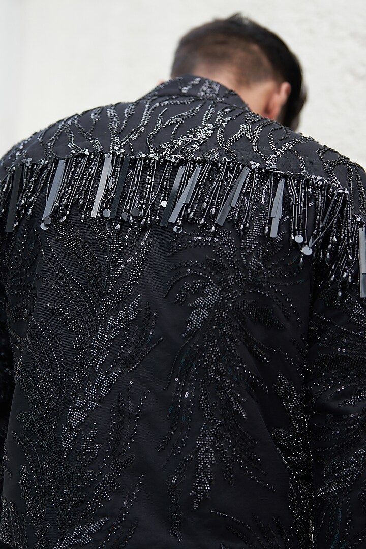 Black Net & Crepe Embroidered Biker Jacket by Mahima Mahajan Men at Pernia's Pop Up Shop