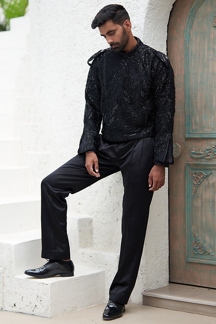 Black Net & Crepe Embroidered Jacket Set by Mahima Mahajan Men