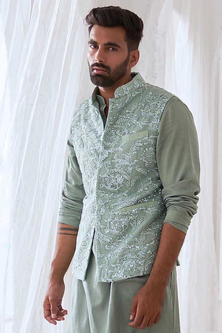 Green Net & Crepe Bundi Jacket Set by Mahima Mahajan Men at Pernia's Pop Up Shop