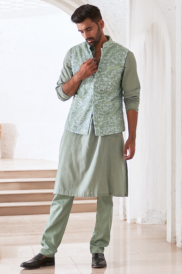 Green Net & Crepe Bundi Jacket Set by Mahima Mahajan Men at Pernia's Pop Up Shop