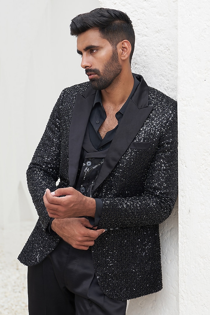 Black Net & Glaze Cotton Embroidered Blazer by Mahima Mahajan Men