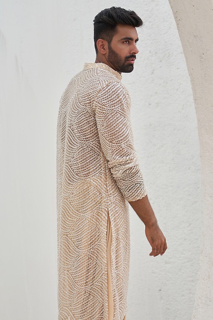 Nude Net & Glaze Cotton Embroidered Kurta Set by Mahima Mahajan Men at Pernia's Pop Up Shop