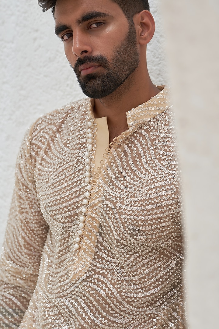 Nude Net & Glaze Cotton Embroidered Kurta Set by Mahima Mahajan Men at Pernia's Pop Up Shop