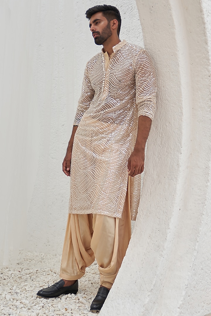 Nude Net & Glaze Cotton Embroidered Kurta Set by Mahima Mahajan Men at Pernia's Pop Up Shop
