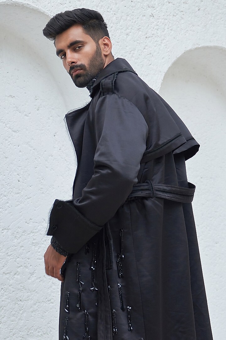 Black Net & Crepe Hand Embroidered Trench Coat Set by Mahima Mahajan Men at Pernia's Pop Up Shop
