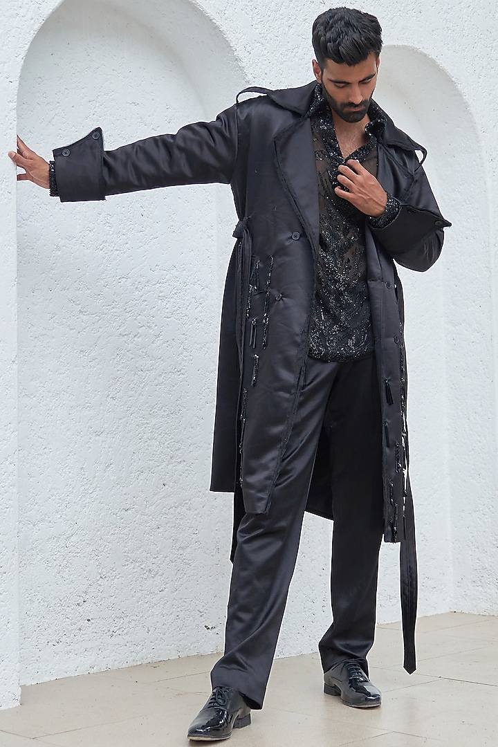 Black Net & Crepe Hand Embroidered Trench Coat Set by Mahima Mahajan Men at Pernia's Pop Up Shop