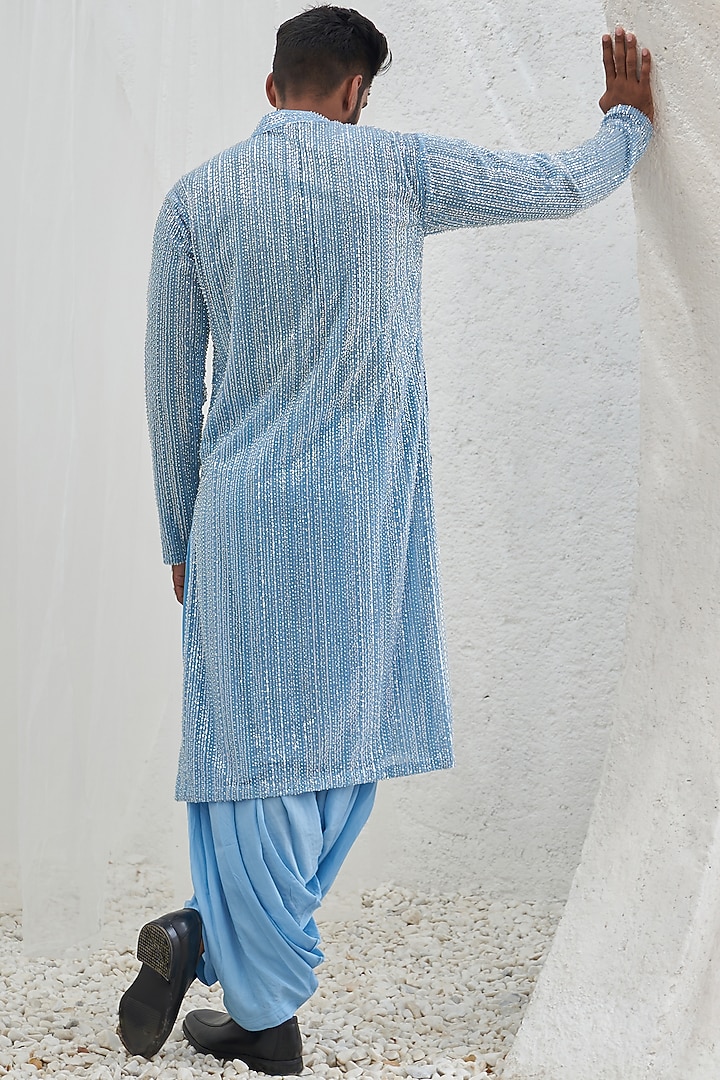 Powder Blue Net & Crepe Hand Embroidered Kurta Set by Mahima Mahajan Men at Pernia's Pop Up Shop