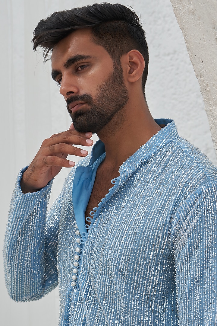Powder Blue Net & Crepe Hand Embroidered Kurta Set by Mahima Mahajan Men at Pernia's Pop Up Shop