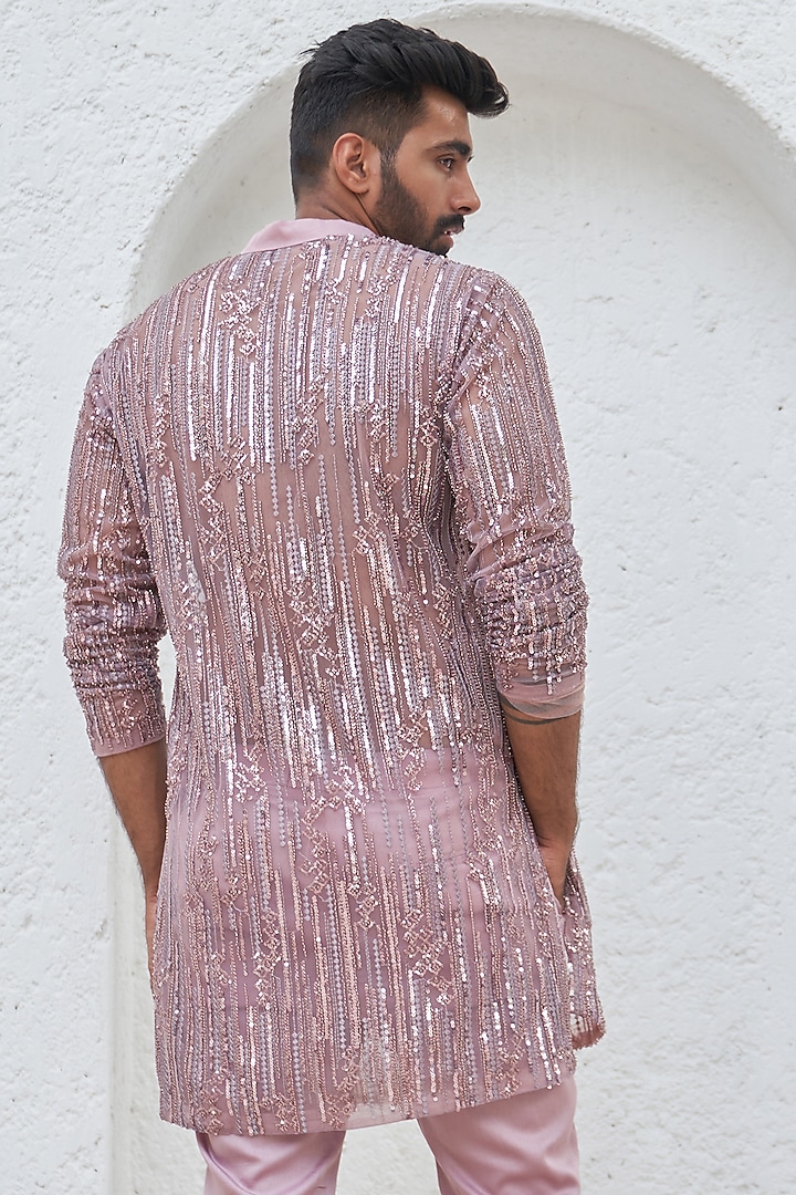 Lilac Net & Glace Cotton Hand Embroidered Kurta Set by Mahima Mahajan Men at Pernia's Pop Up Shop