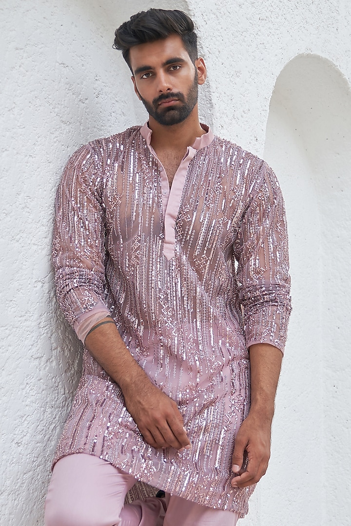 Lilac Net & Glace Cotton Hand Embroidered Kurta Set by Mahima Mahajan Men at Pernia's Pop Up Shop