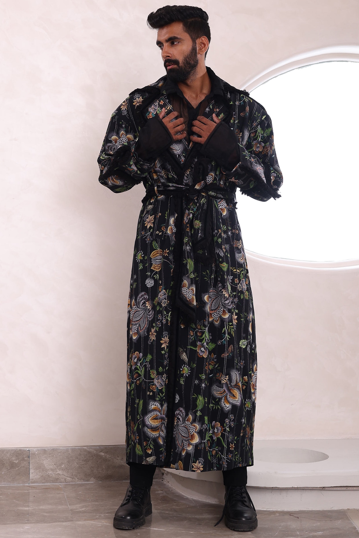 Black Moss Crepe & Glace Cotton Printed Trench Coat Design by