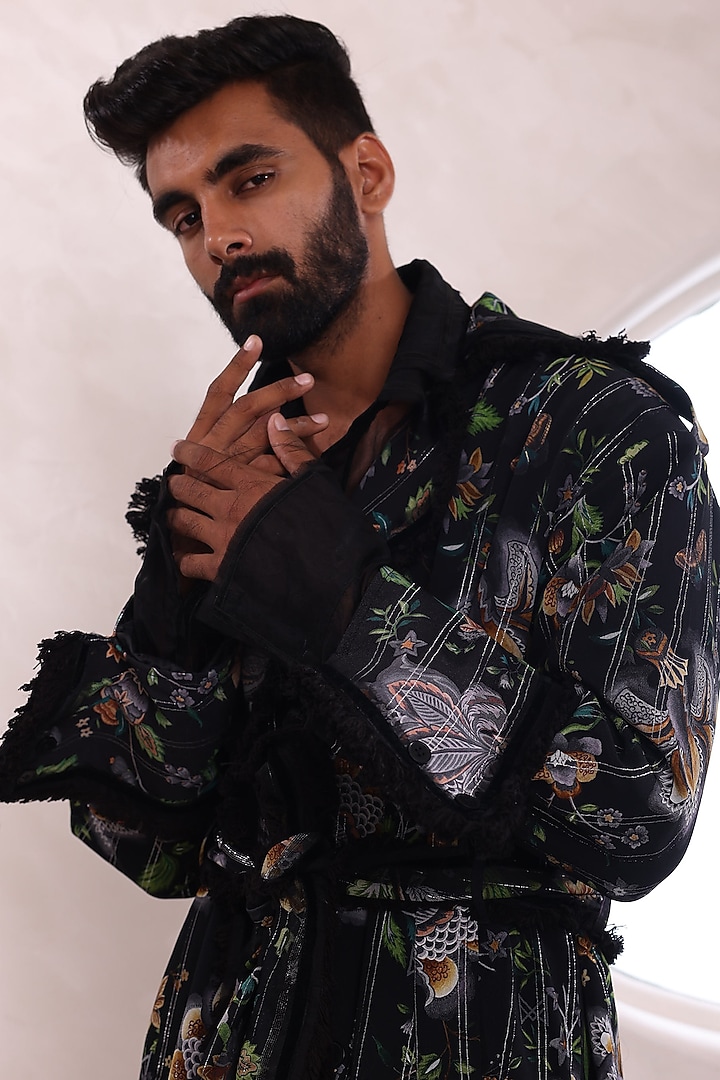 Black Moss Crepe & Glace Cotton Printed Trench Coat by Mahima Mahajan Men at Pernia's Pop Up Shop