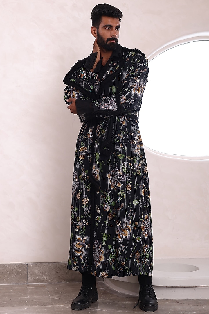 Black Moss Crepe & Glace Cotton Printed Trench Coat by Mahima Mahajan Men at Pernia's Pop Up Shop
