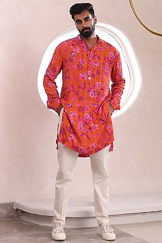 Orange Glace Cotton & Moss Crepe Printed Kurta Set by Mahima Mahajan Men