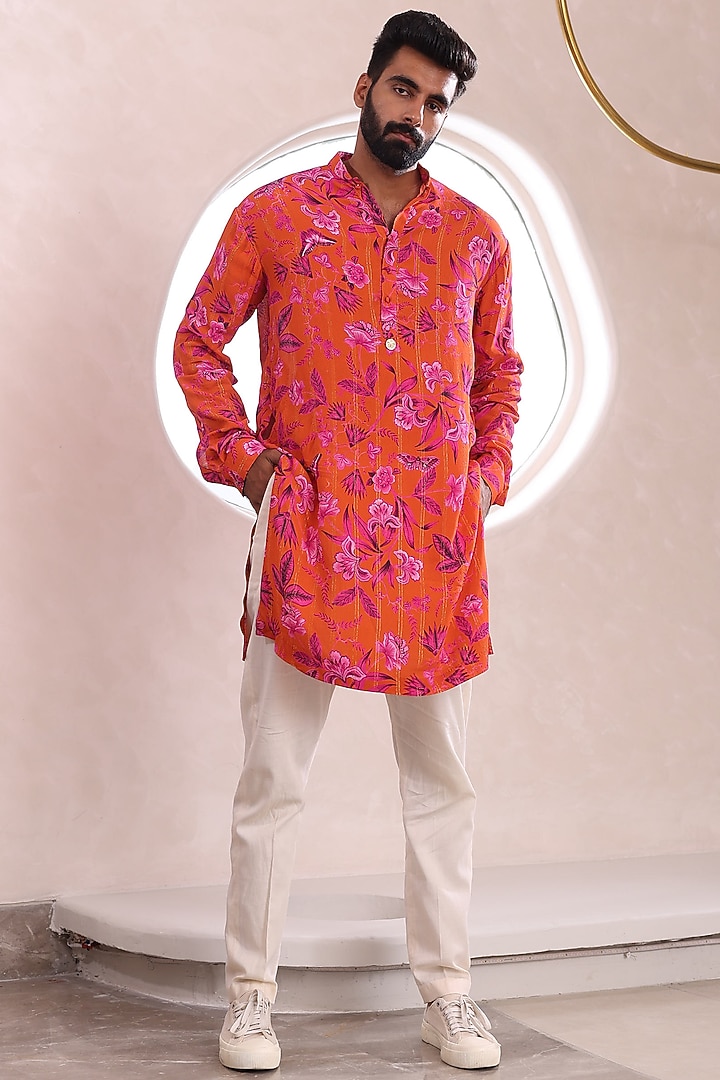 Orange Glace Cotton & Moss Crepe Printed Kurta Set by Mahima Mahajan Men at Pernia's Pop Up Shop