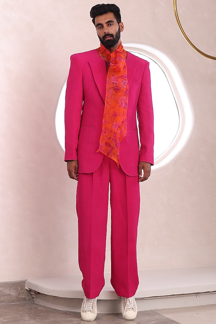 Hot Pink Moss Crepe & Organza Blazer by Mahima Mahajan Men at Pernia's Pop Up Shop