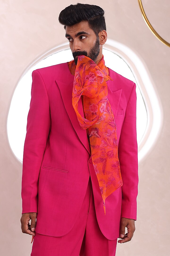Hot Pink Moss Crepe & Organza Blazer Set by Mahima Mahajan Men at Pernia's Pop Up Shop