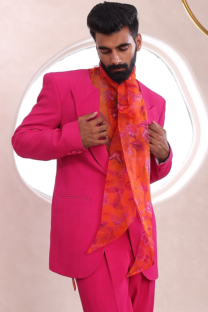 Hot Pink Moss Crepe & Organza Blazer Set by Mahima Mahajan Men at Pernia's Pop Up Shop