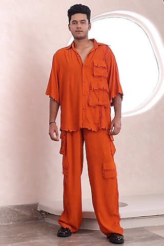 Orange Moss Crepe Co-Ord Set by Mahima Mahajan Men