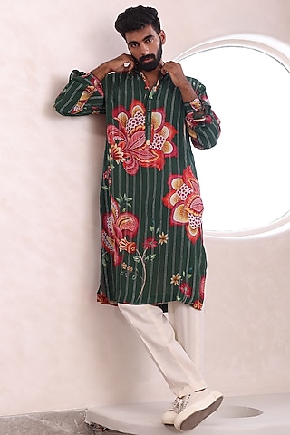 Green Moss Crepe & Glace Cotton Printed Kurta Set by Mahima Mahajan Men