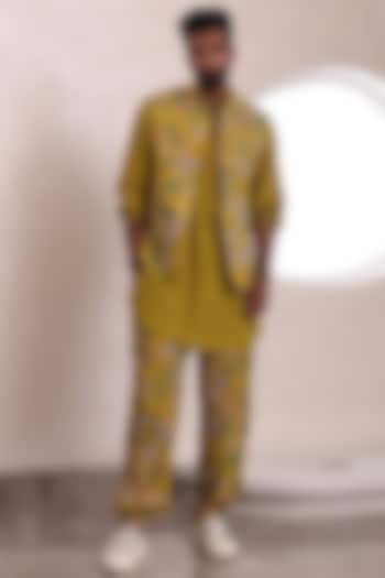 Yellow Moss Crepe Printed Bundi Jacket by Mahima Mahajan Men
