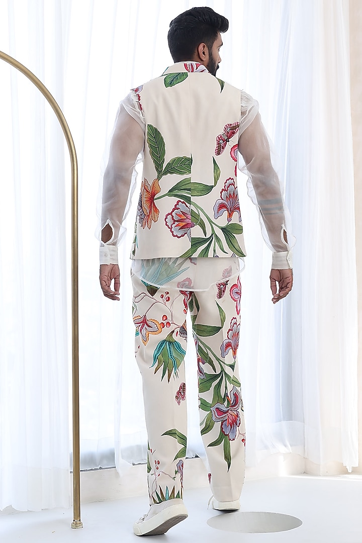 Ivory Moss Crepe & Organza Printed Waistcoat by Mahima Mahajan Men at Pernia's Pop Up Shop